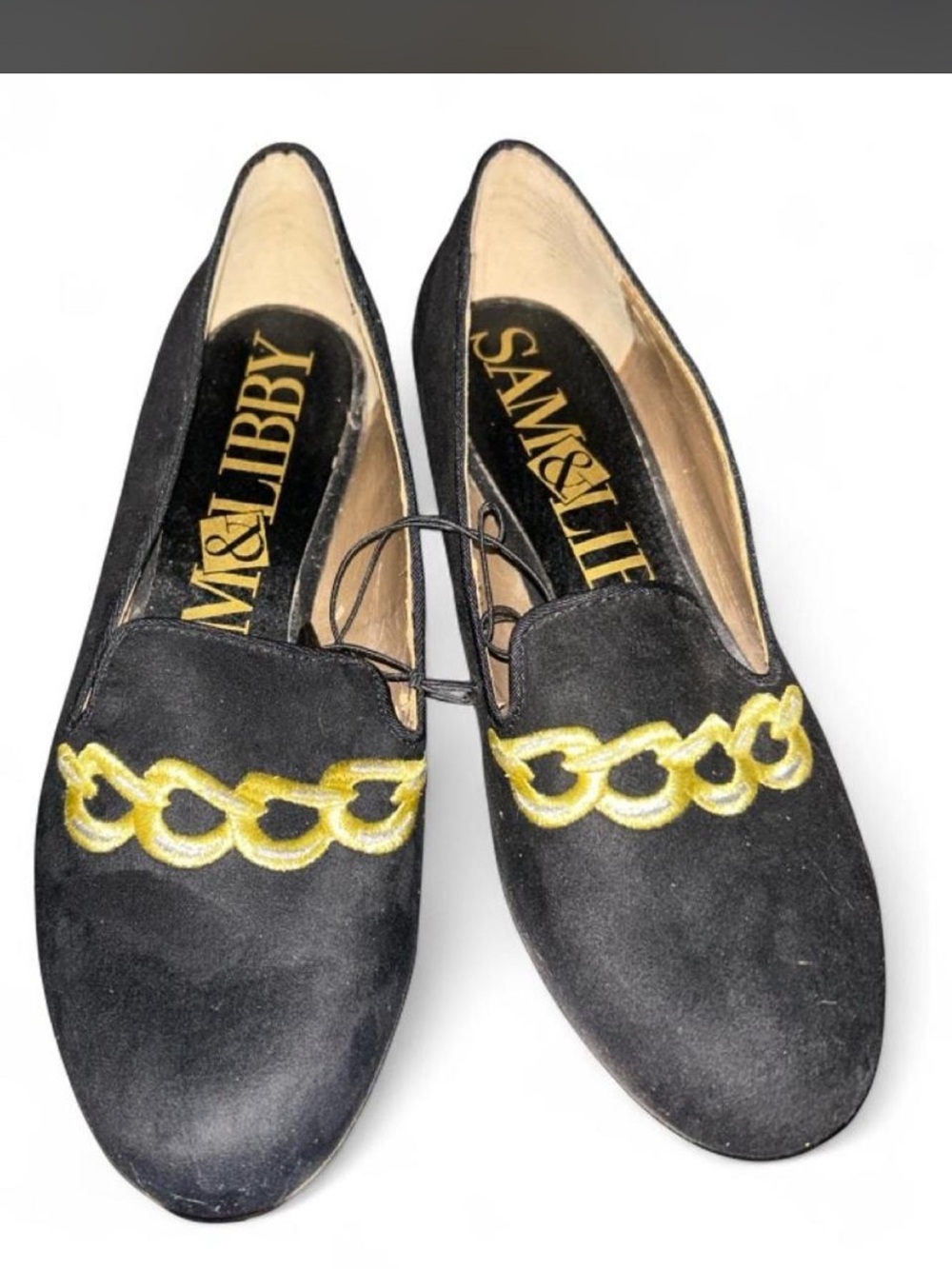 Sam & Libby Black Embroidered Gold Chain Smoking Slippers Loafers 🌟 Size 8